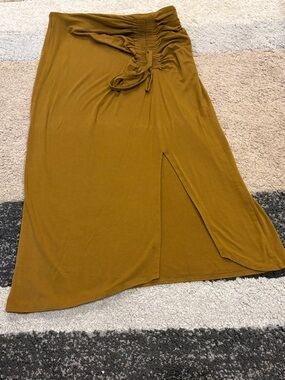 A New Day Mustard Rust Maxi Skirt with Side Slit and Tie Waist - Sz Small
